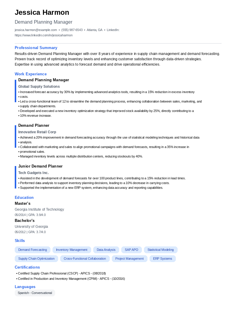 Demand Planning Manager Resume Example