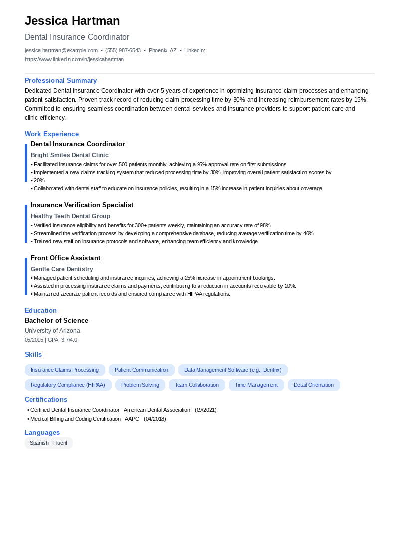 Dental Insurance Coordinator Resume Example