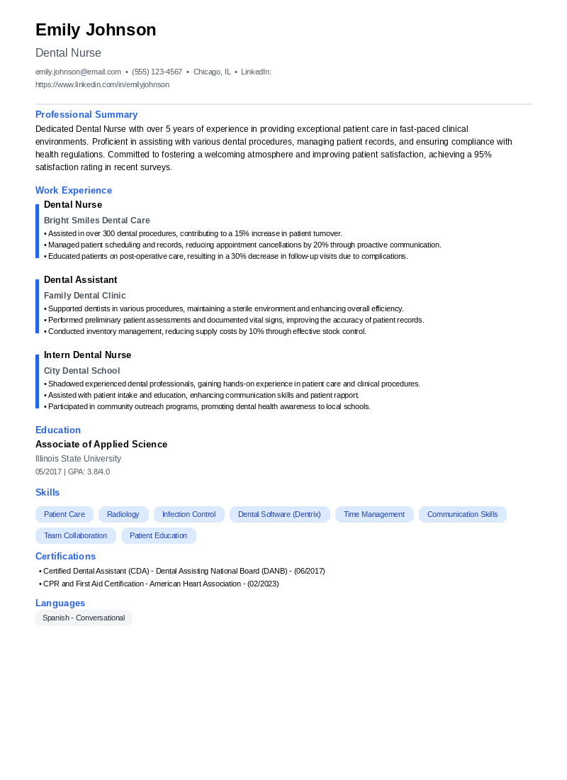 Dental Nurse Resume Example