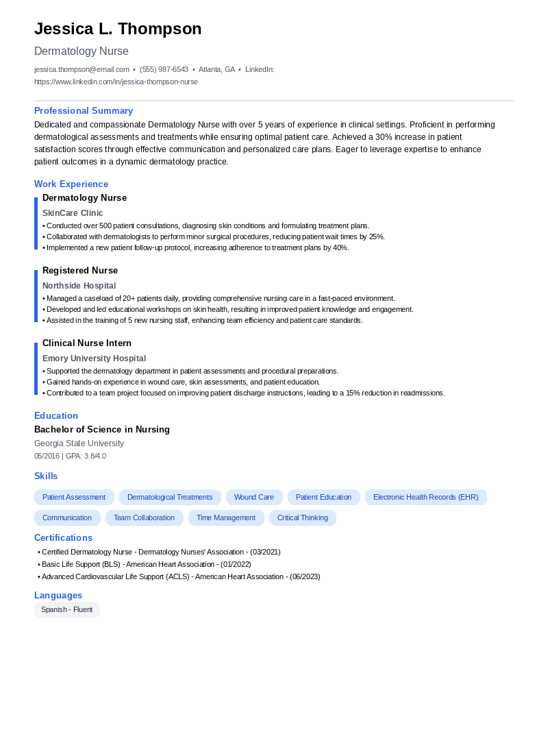 Dermatology Nurse Resume Example