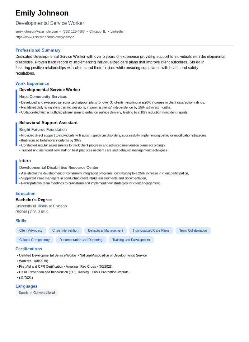 Developmental Service Worker Resume Example