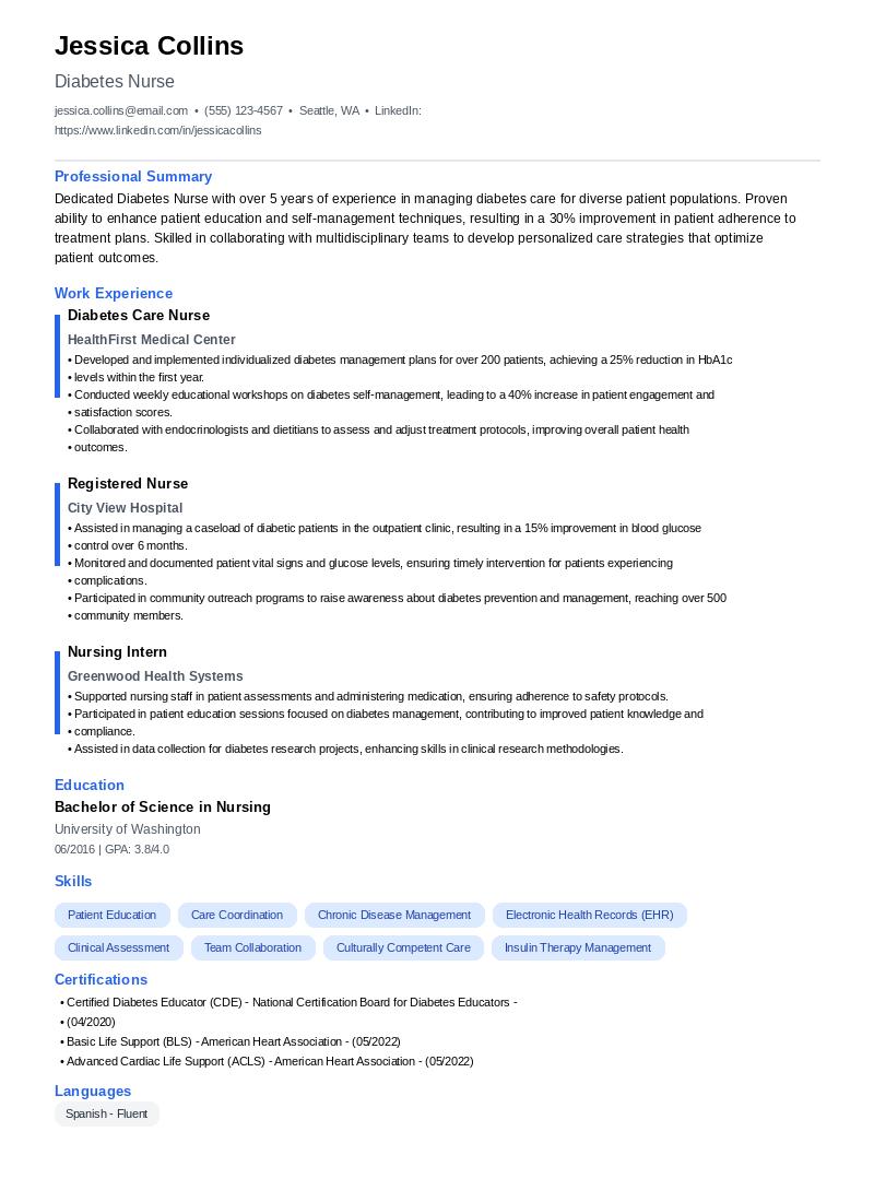 Diabetes Nurse Resume Example