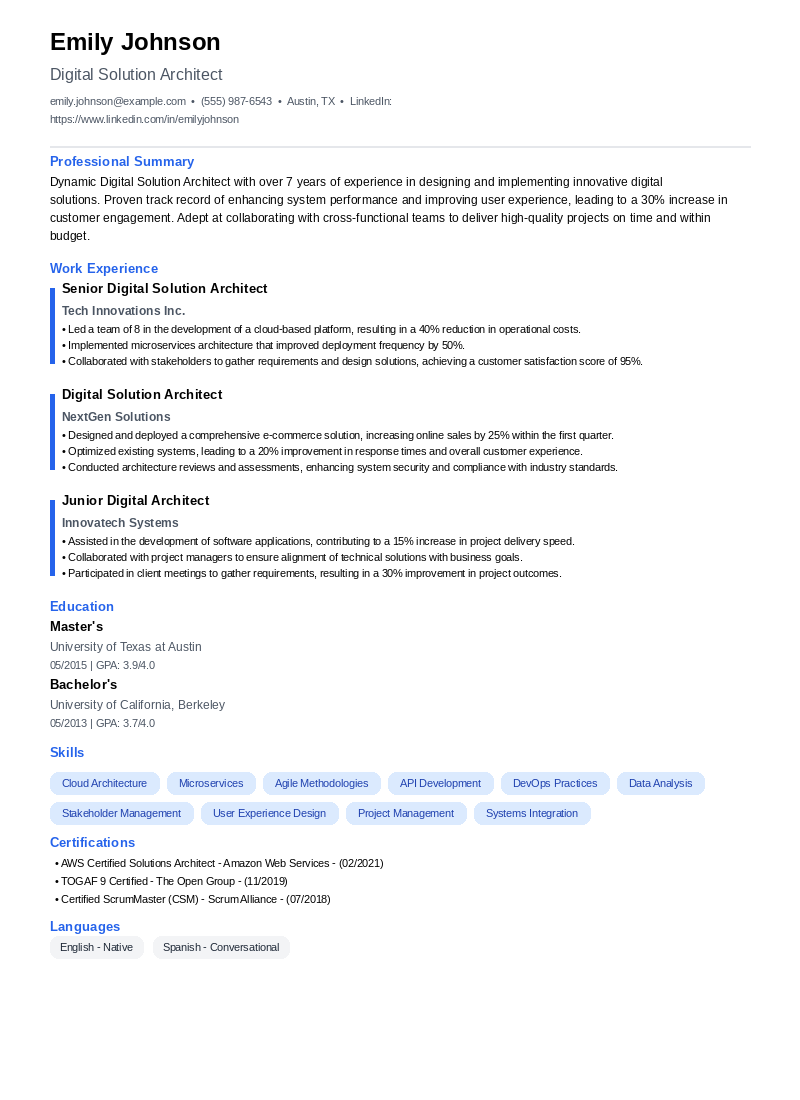 Digital Solution Architect Resume Example