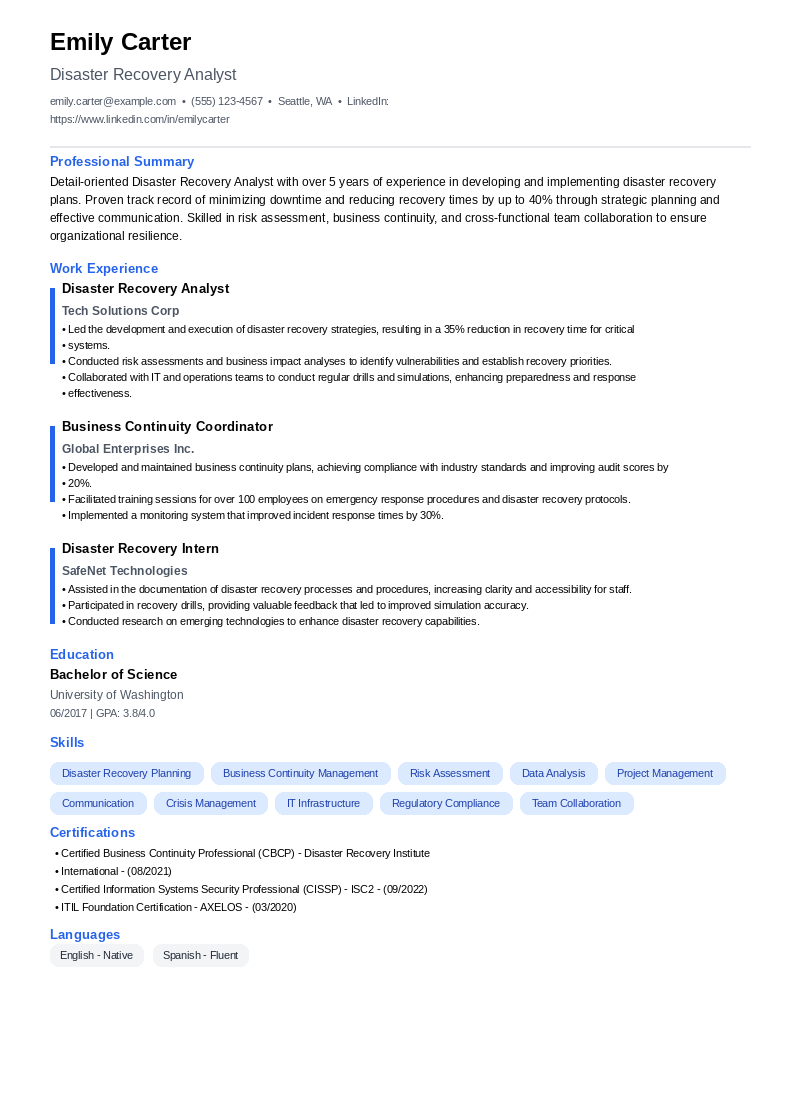 Disaster Recovery Analyst Resume Example