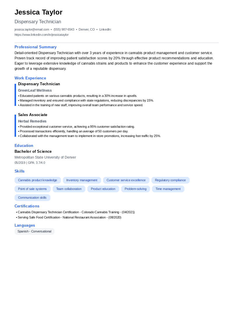 Dispensary Technician Resume Example