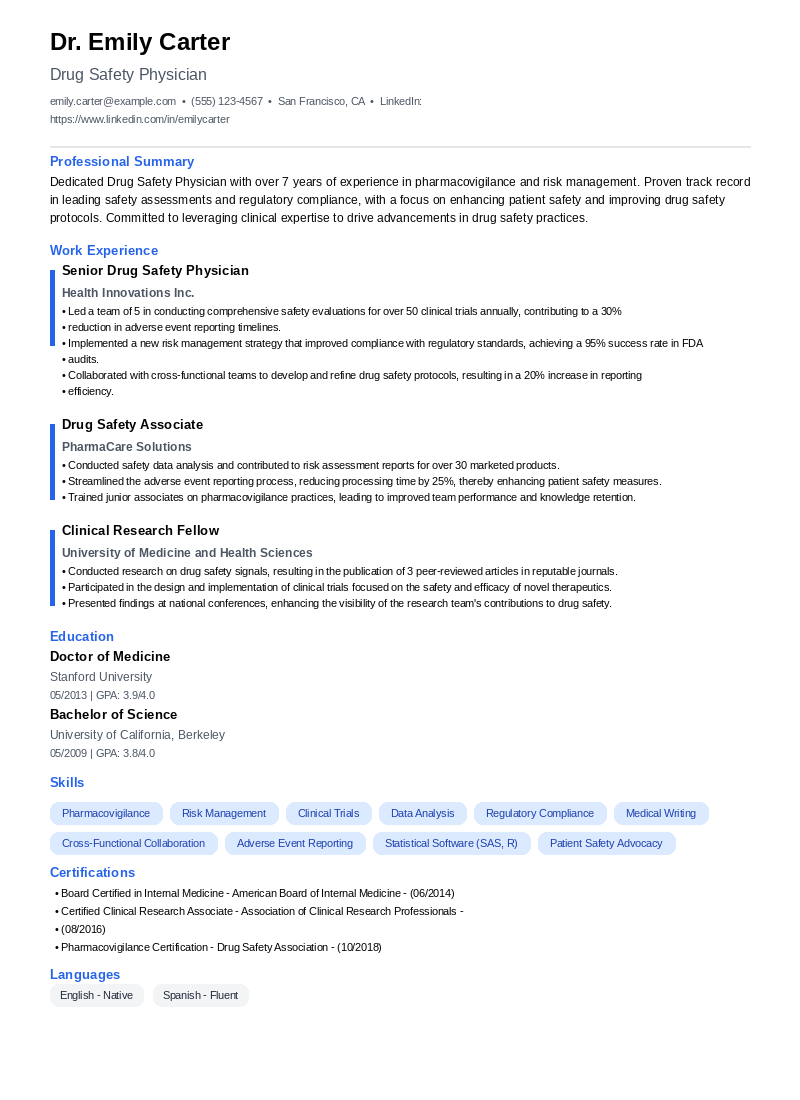 Drug Safety Physician Resume Example