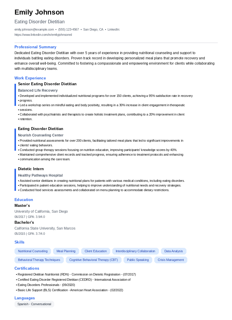 Eating Disorder Dietitian Resume Example