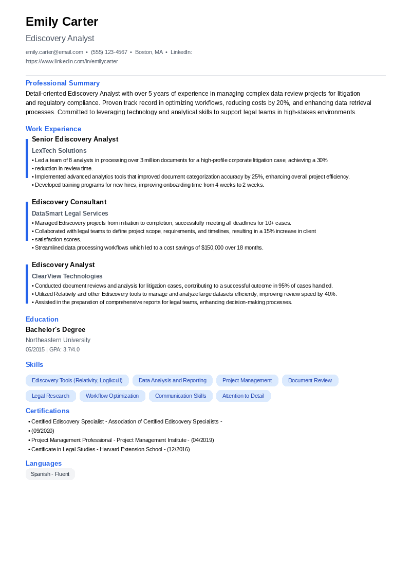 Ediscovery Analyst Resume Example