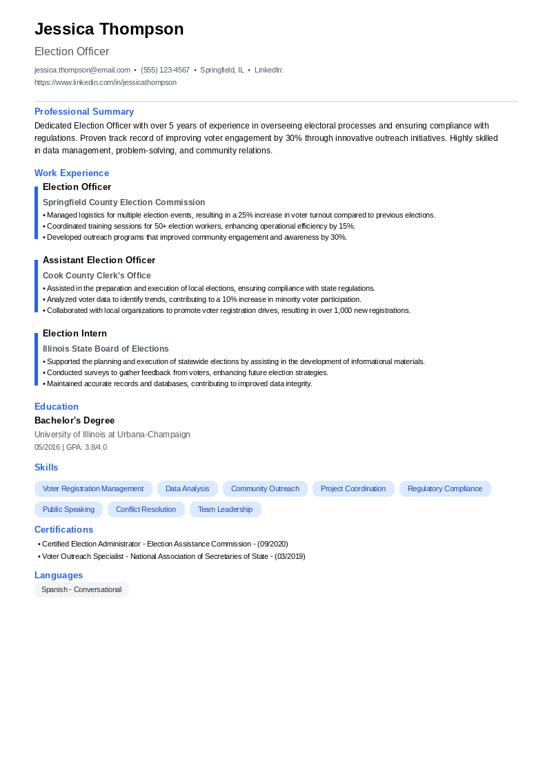 Election Officer Resume Example