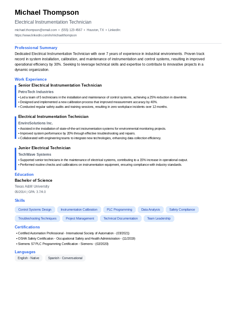 Electrical Instrumentation Technician Resume Example