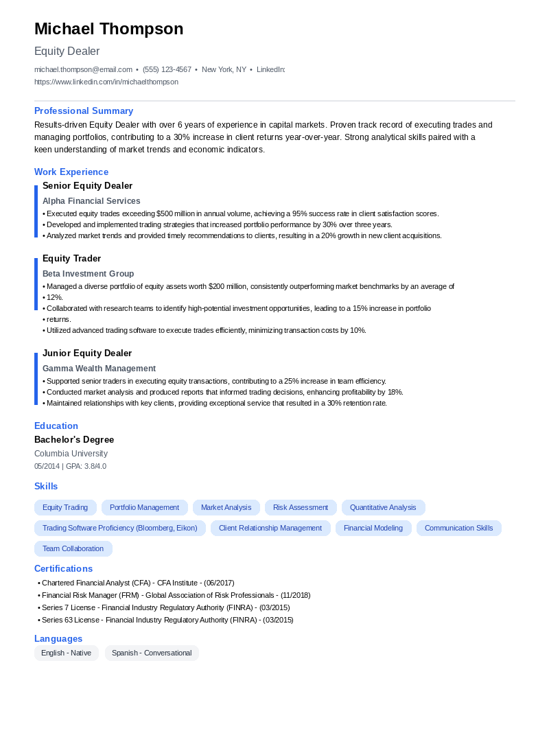 Equity Dealer Resume Example
