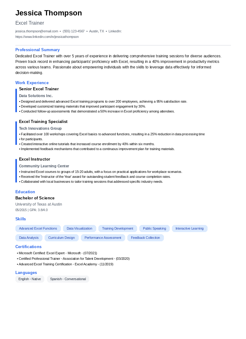 Excel Trainer Resume Example
