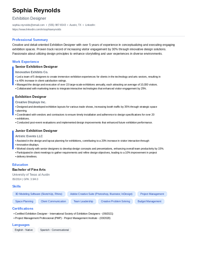 Exhibition Designer Resume Example