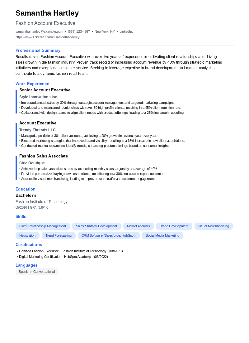 Fashion Account Executive Resume Example
