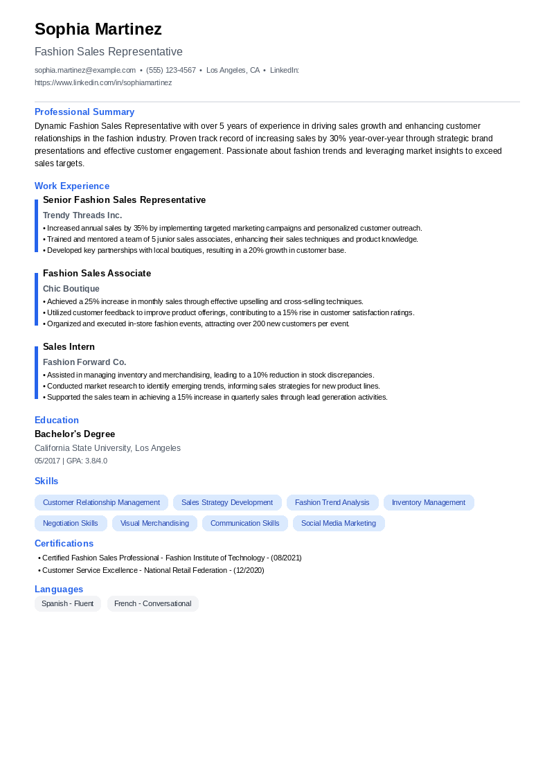 Fashion Sales Representative Resume Example