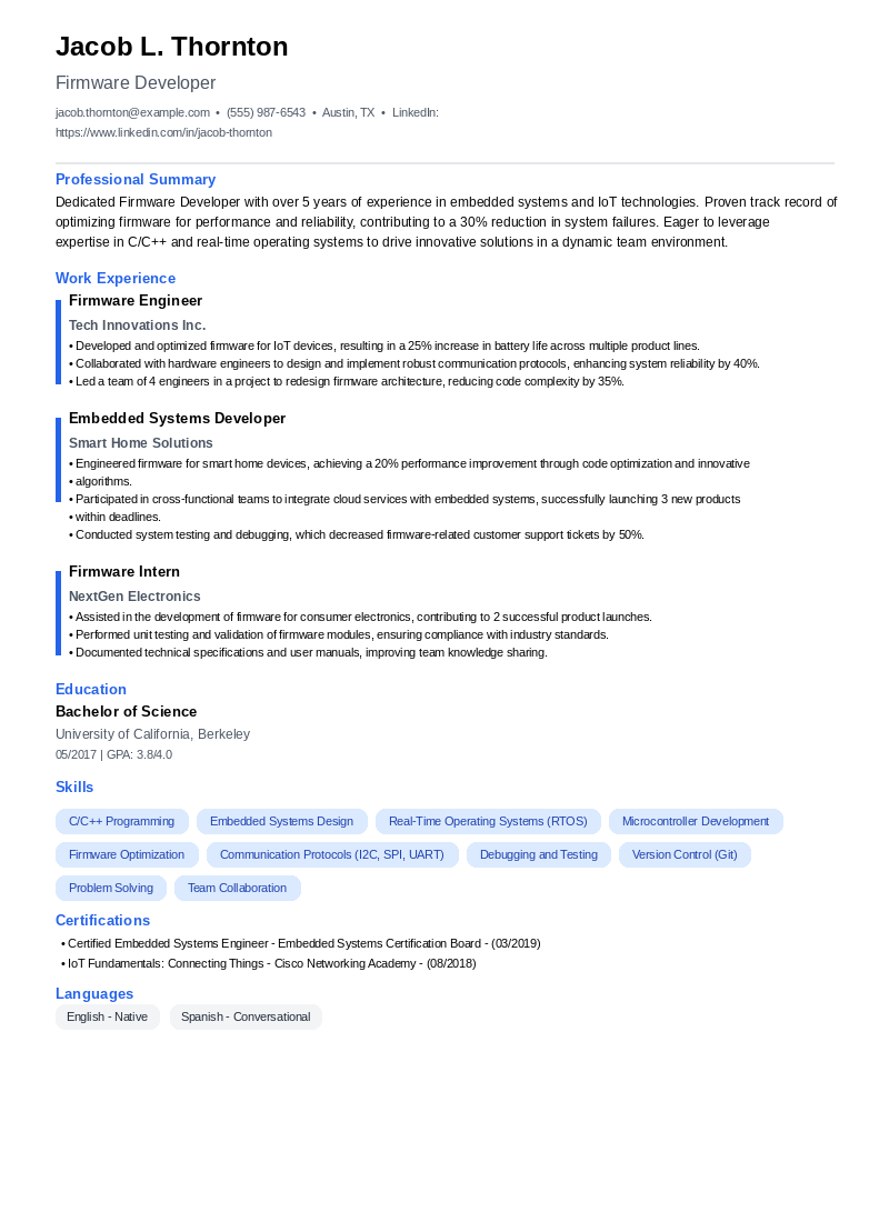 Firmware Developer Resume Example