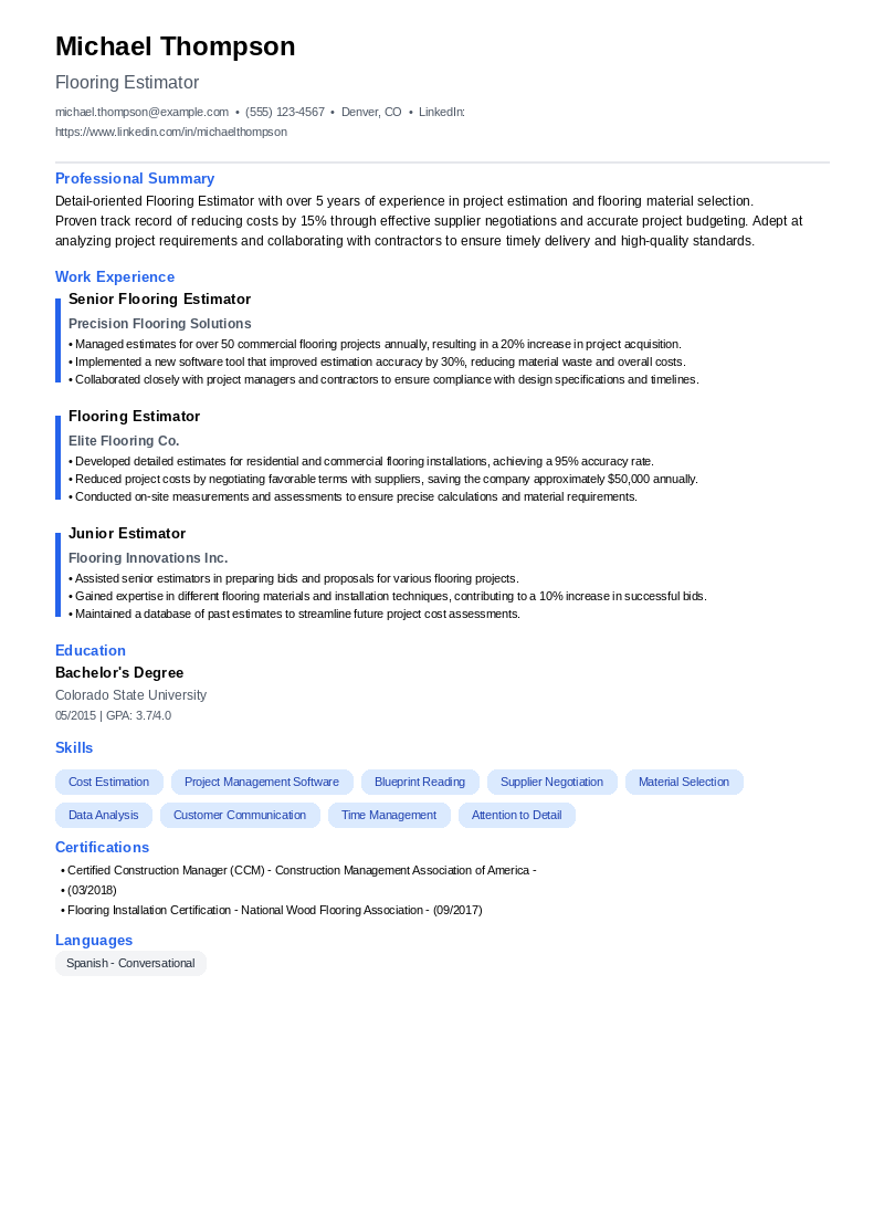 Flooring Estimator Resume Example