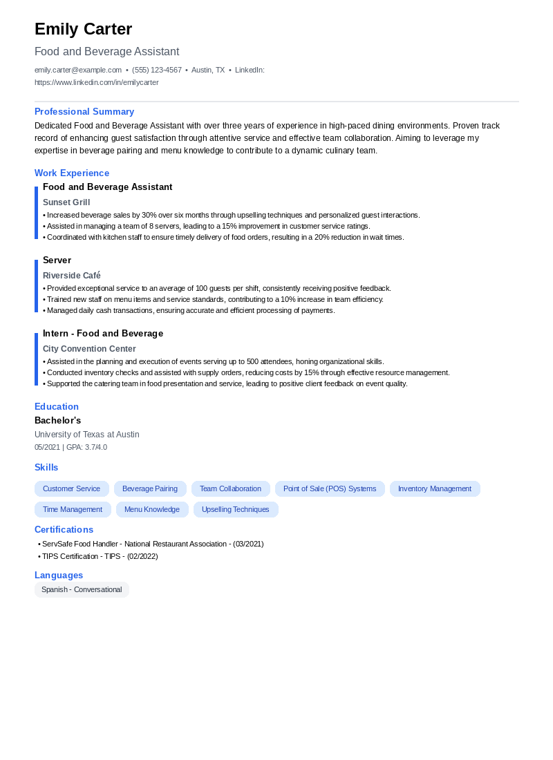 Food and Beverage Assistant Resume Example