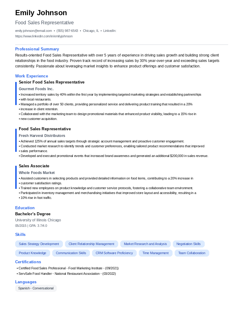 Food Sales Representative Resume Example