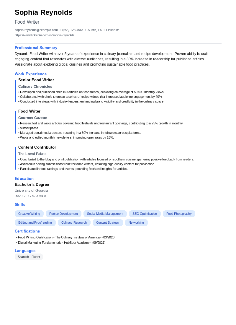Food Writer Resume Example