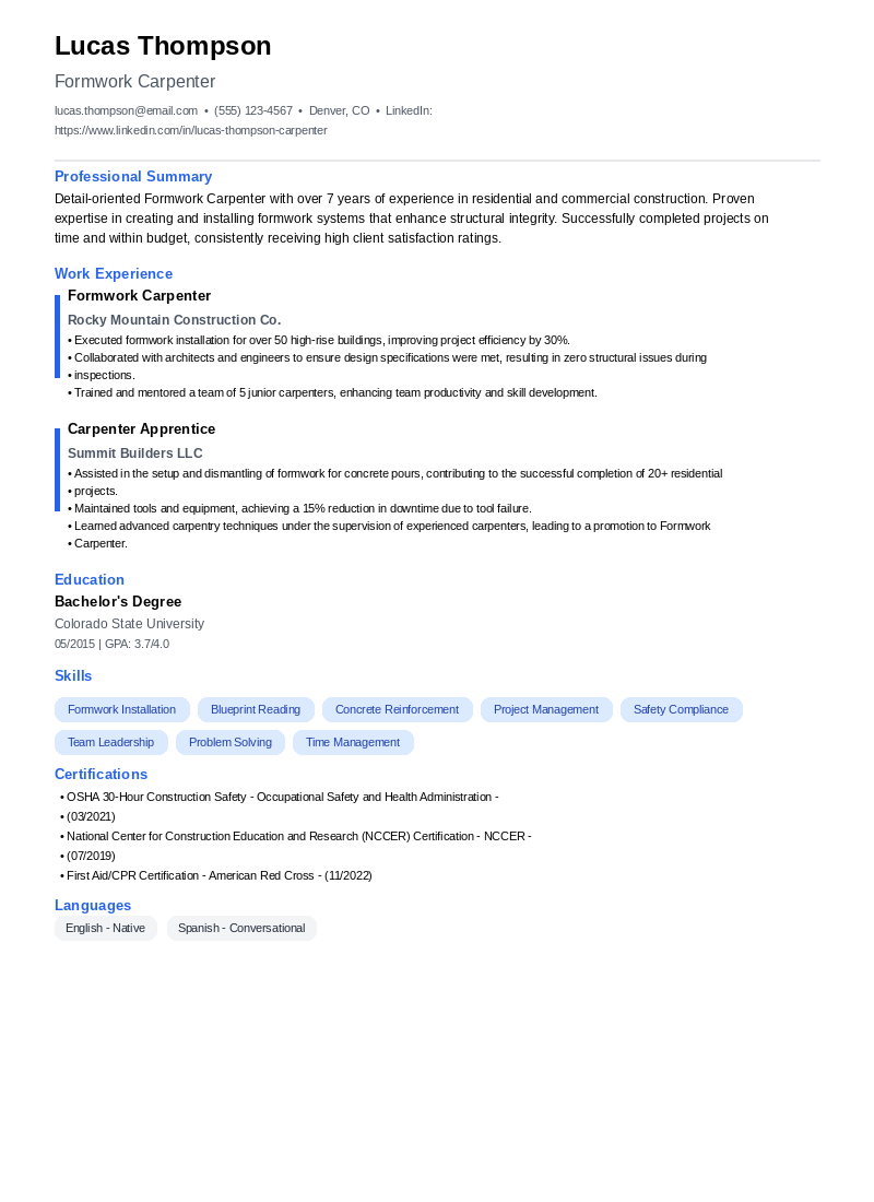 Formwork Carpenter Resume Example