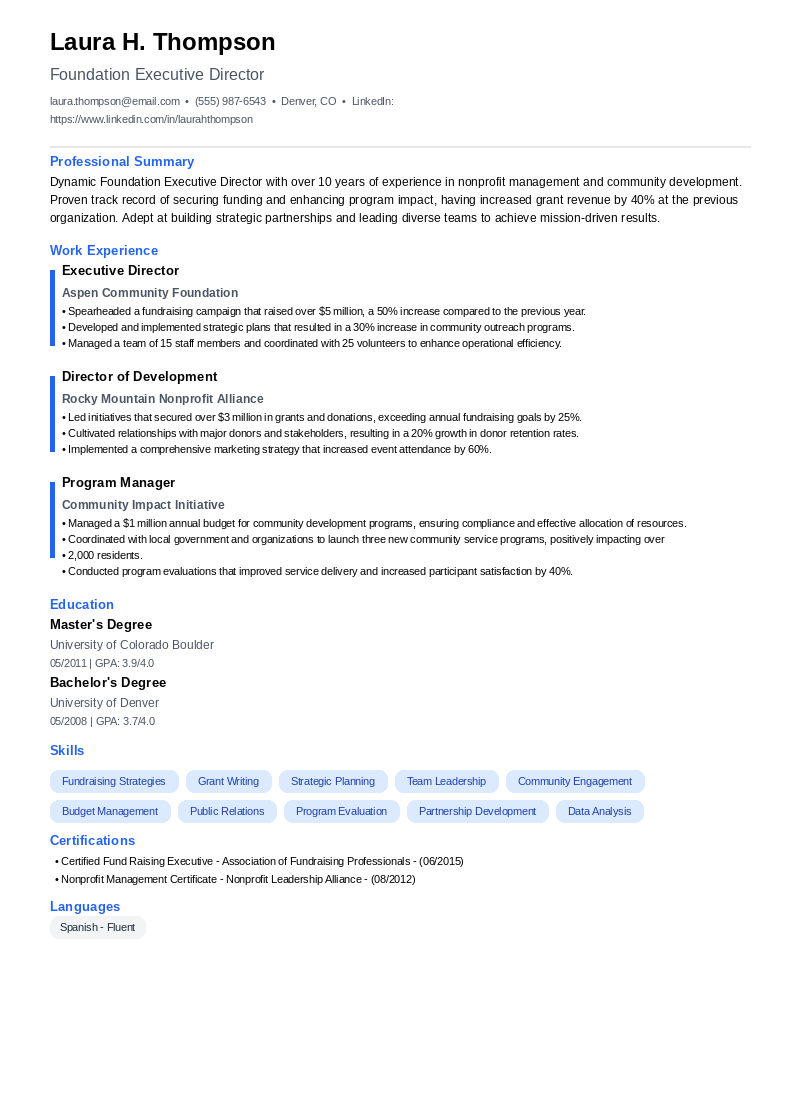 Foundation Executive Director Resume Example