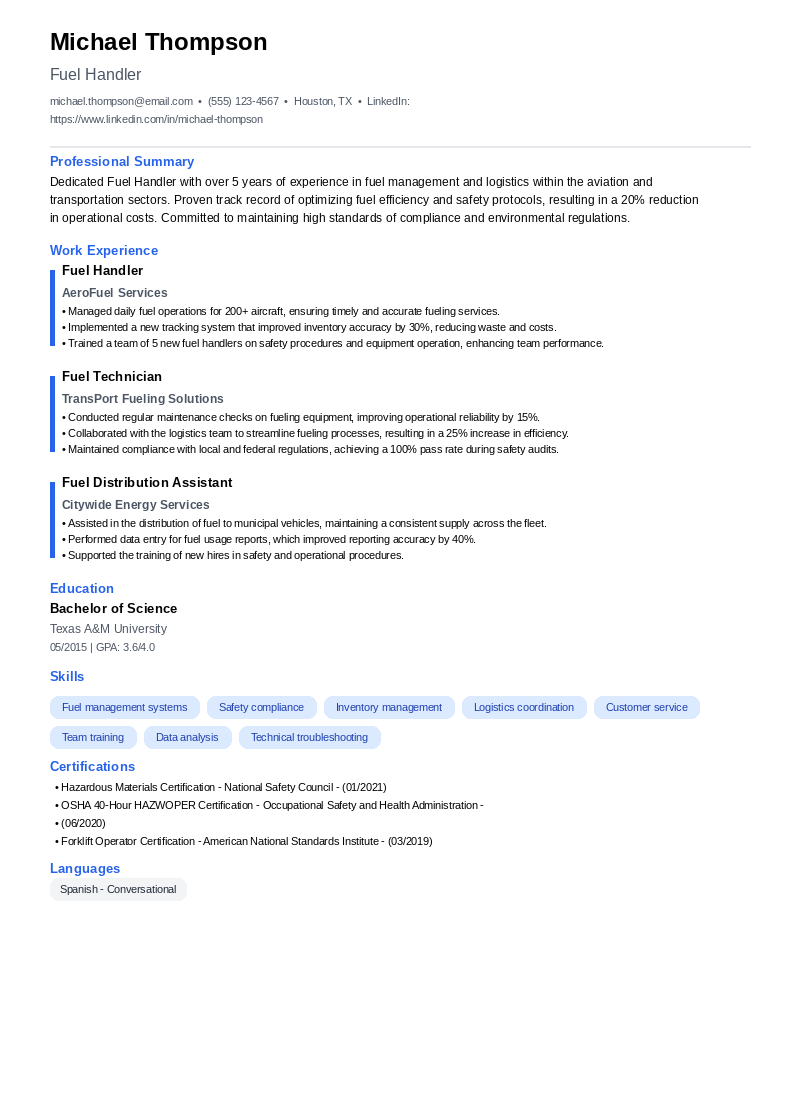 Fuel Handler Resume Example