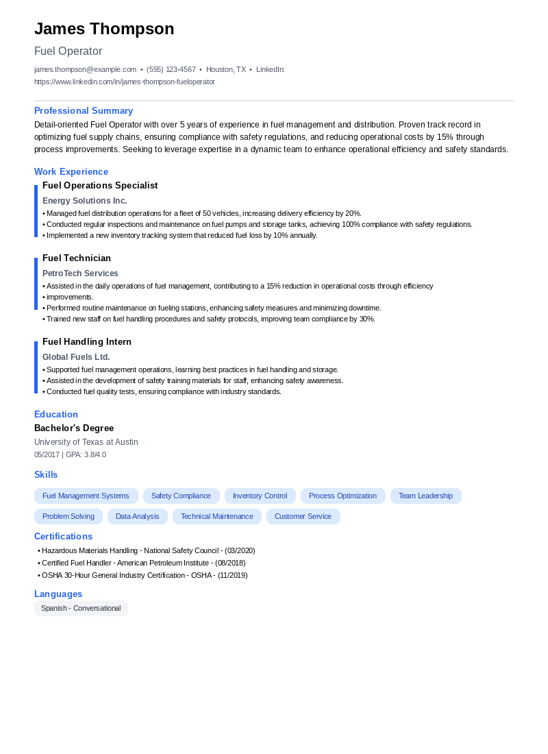 Fuel Operator Resume Example