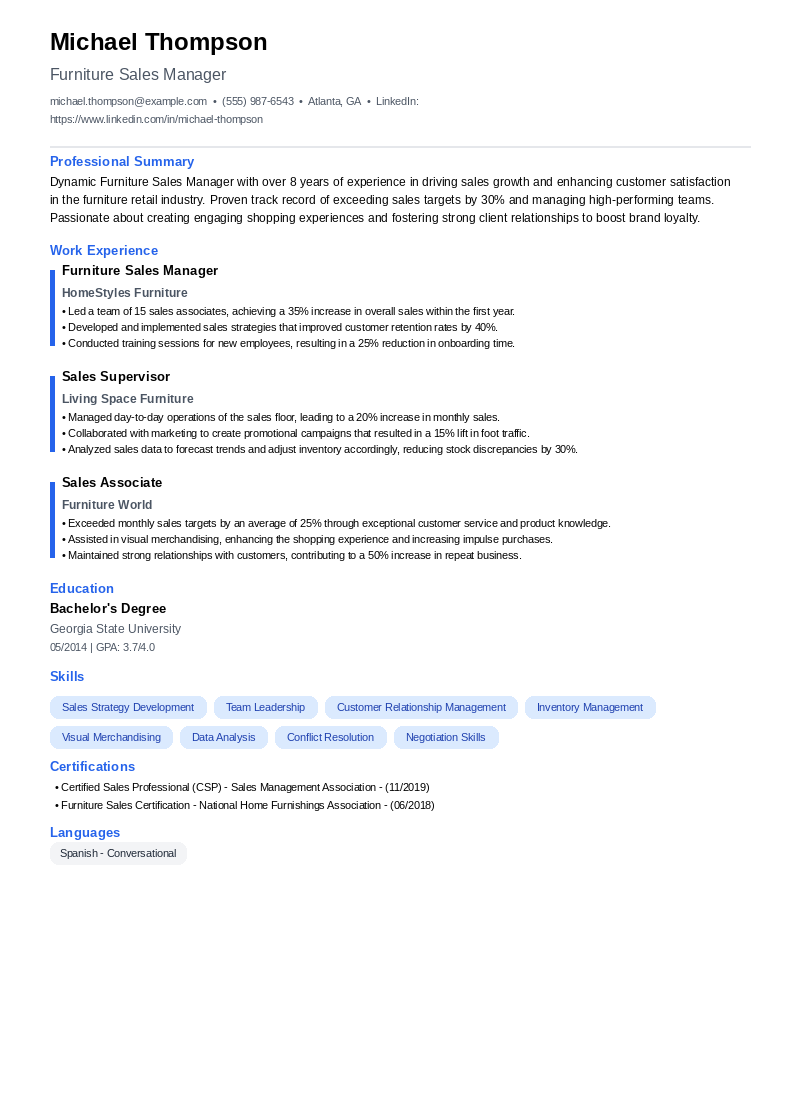 Furniture Sales Manager Resume Example
