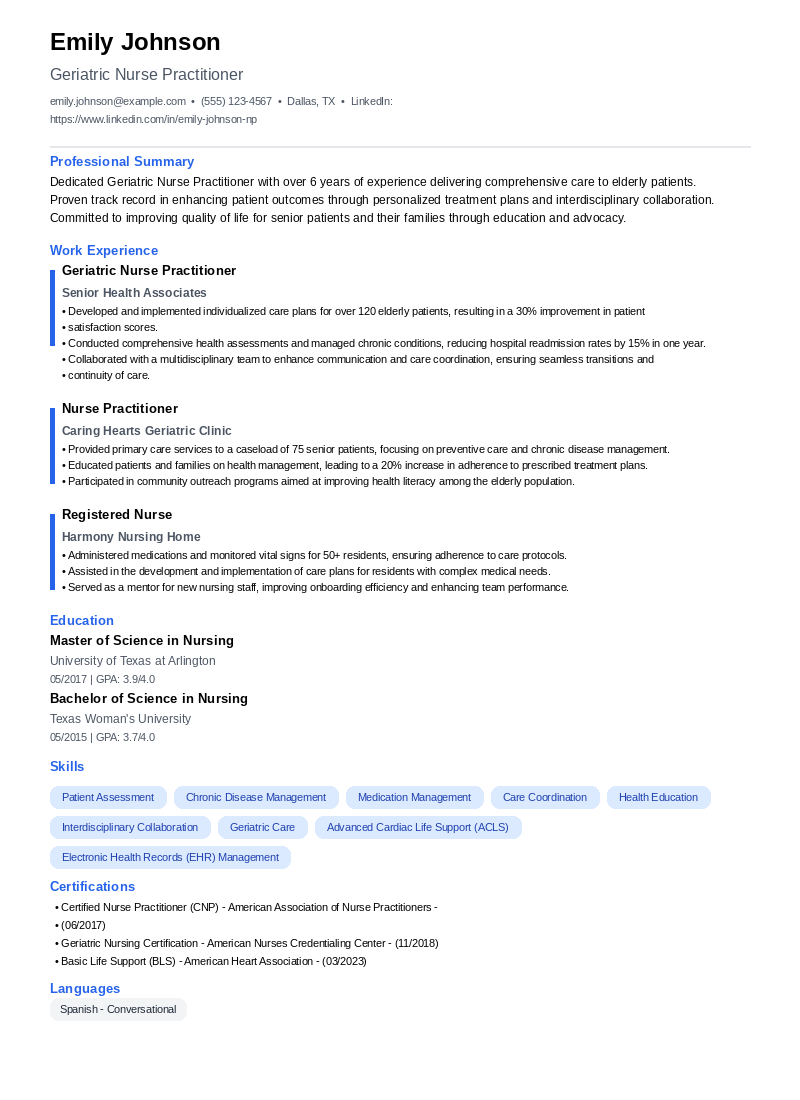Geriatric Nurse Practitioner Resume Example