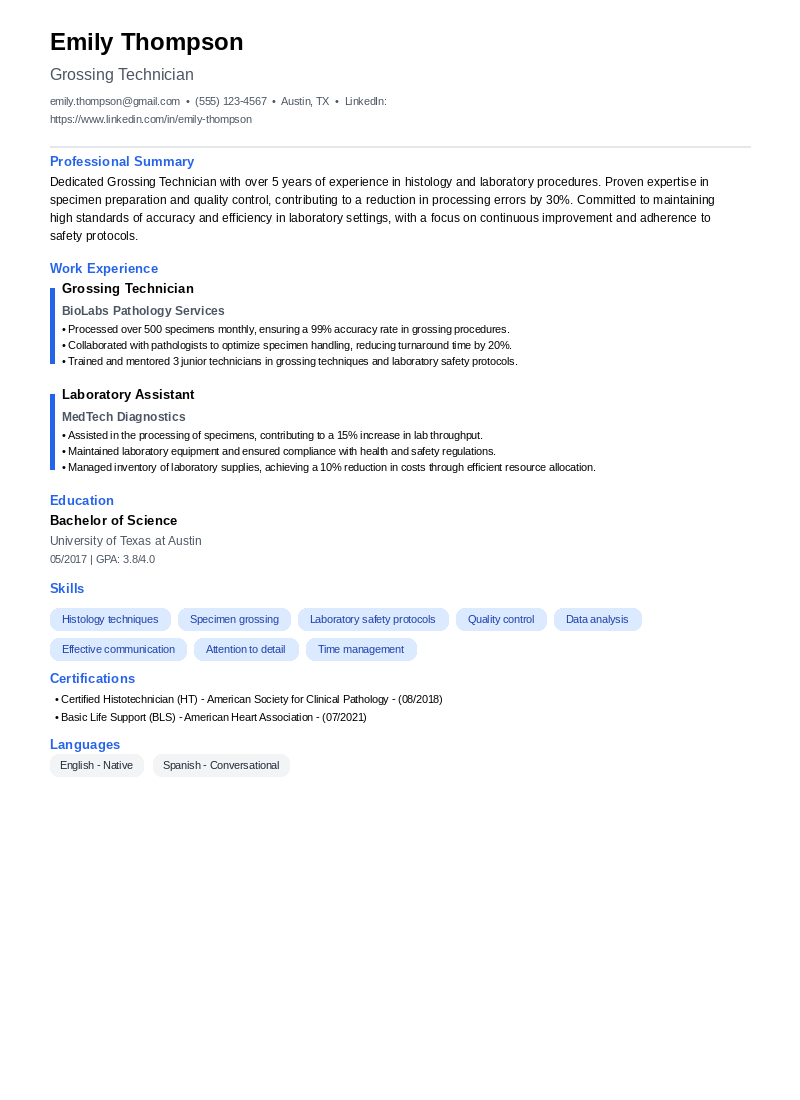 Grossing Technician Resume Example
