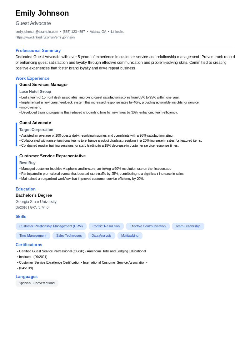 Guest Advocate Resume Example