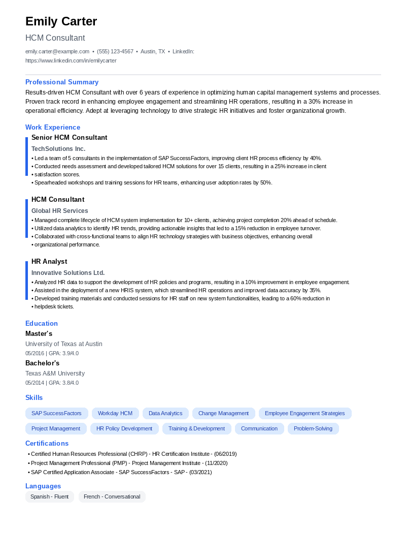 HCM Consultant Resume Example