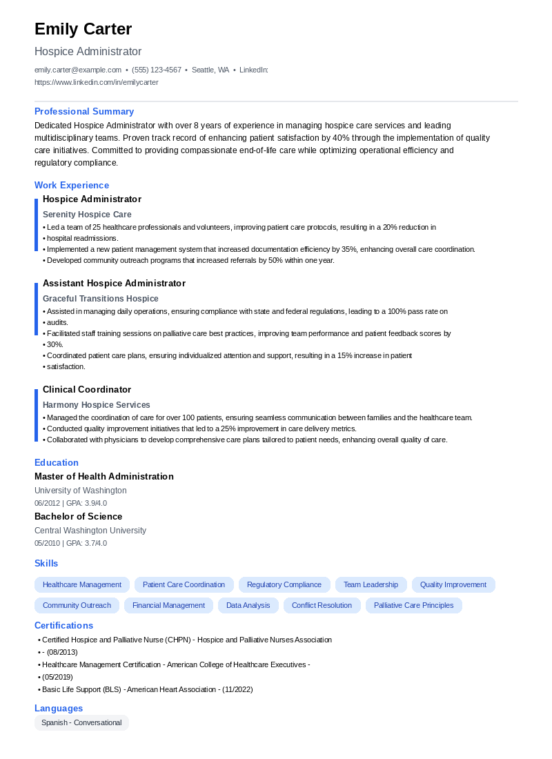 Hospice Administrator Resume Example