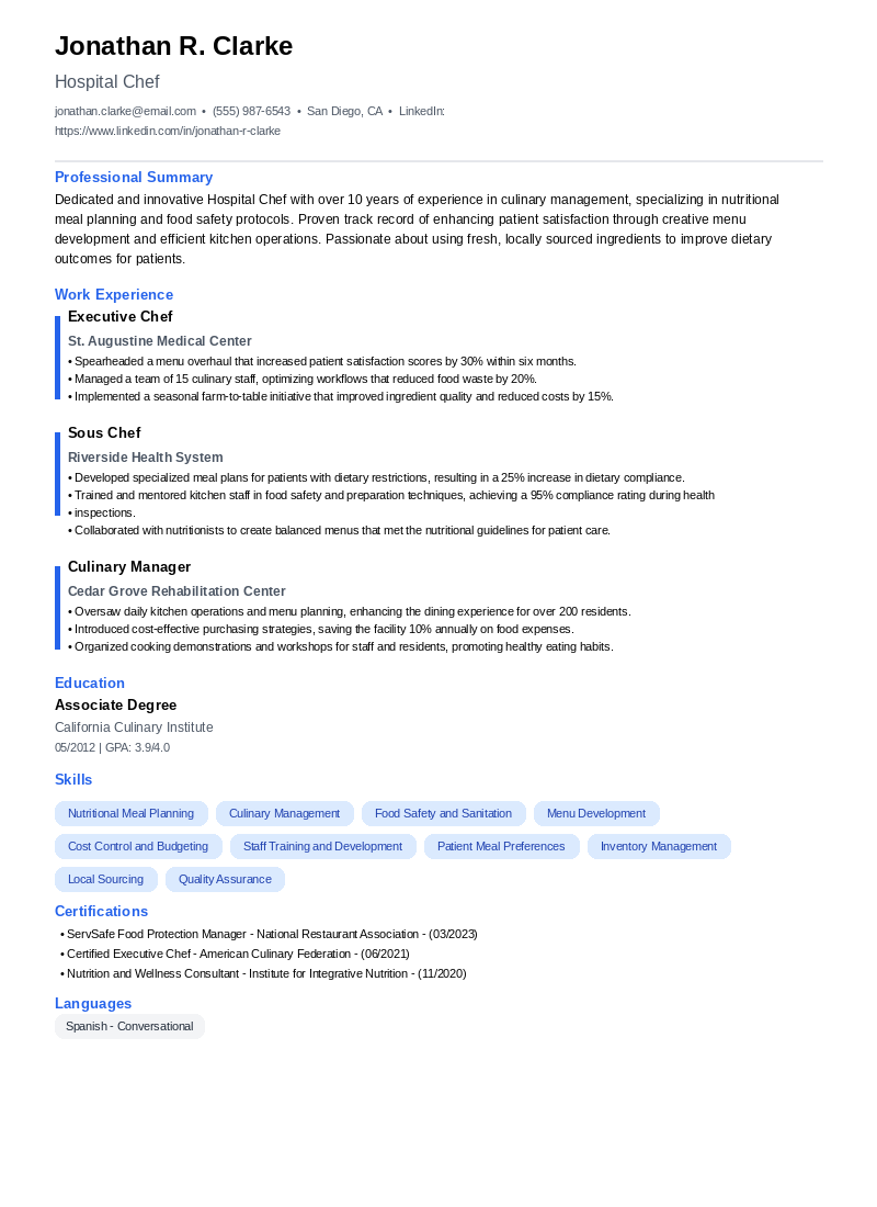 Hospital Chef Resume Example