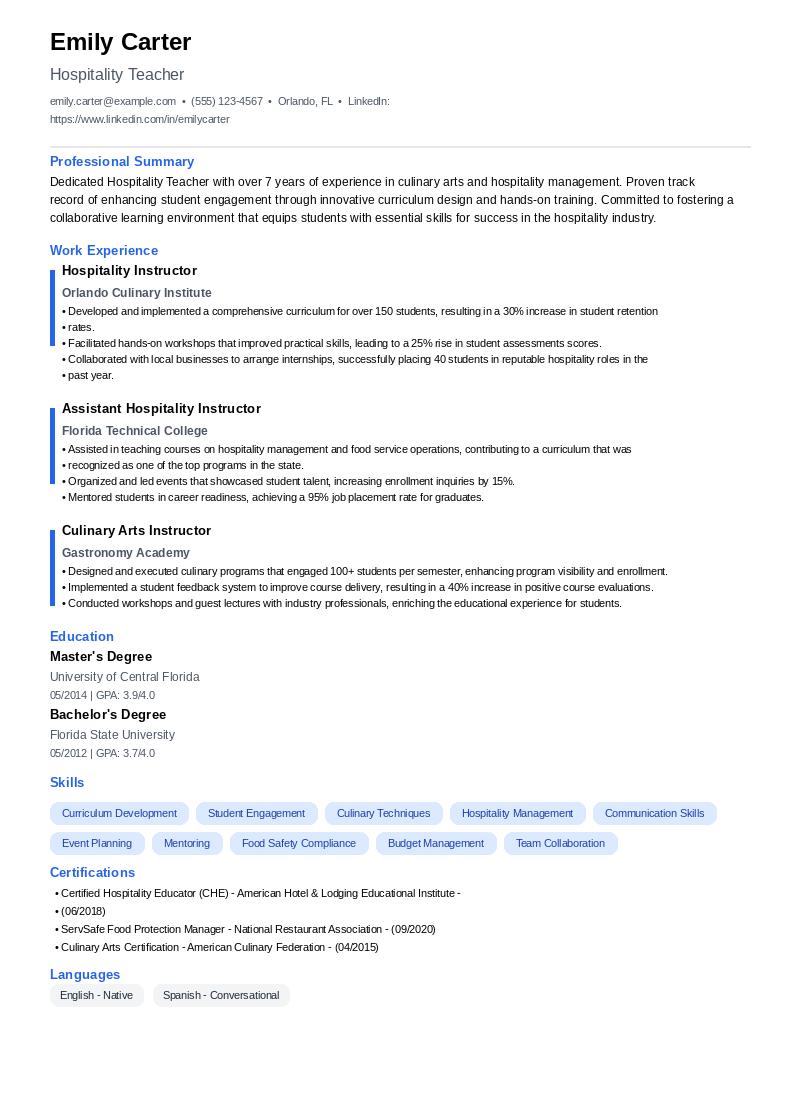Hospitality Teacher Resume Example