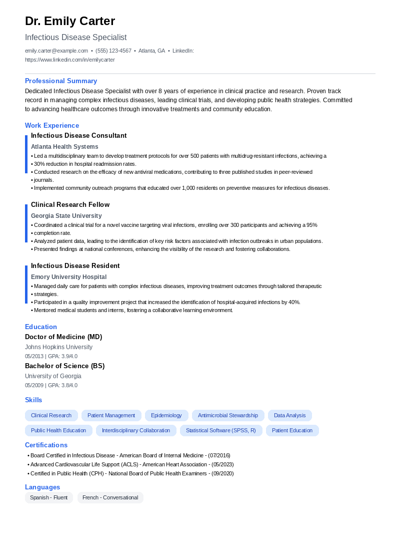 Infectious Disease Specialist Resume Example