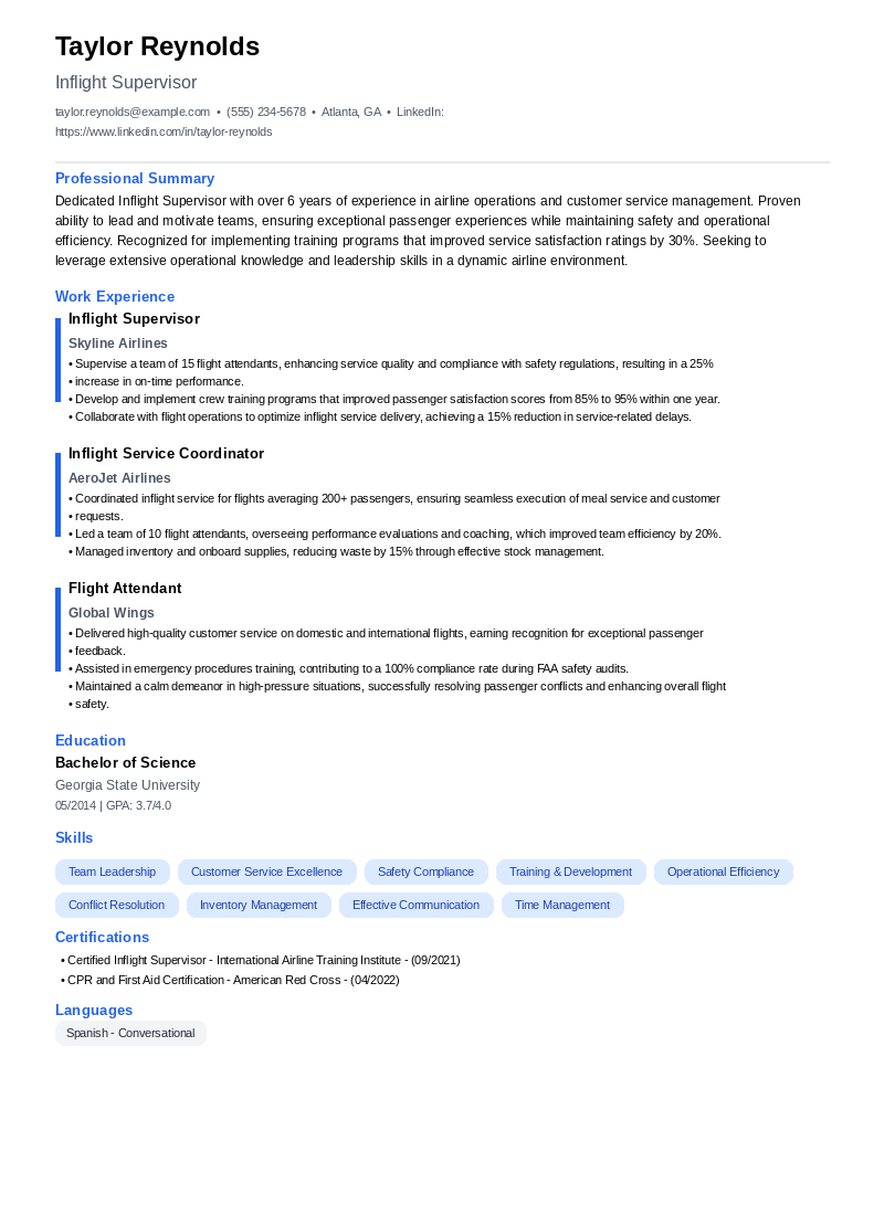 Inflight Supervisor Resume Example
