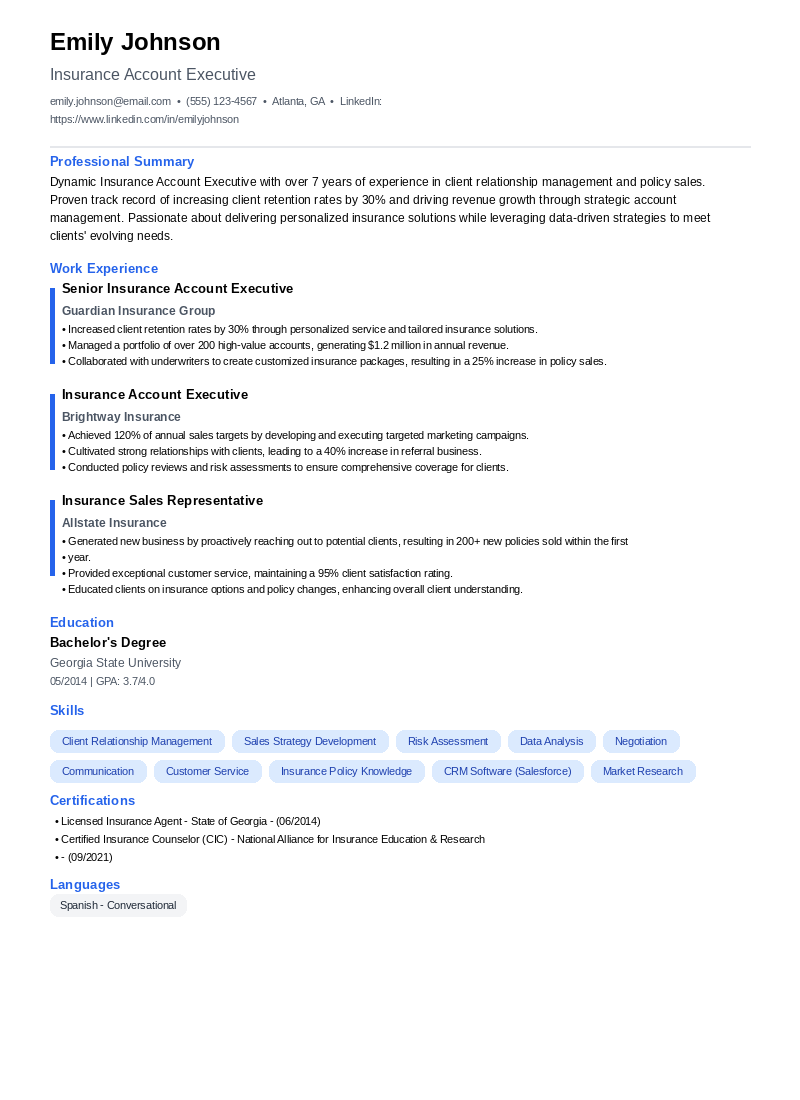 Insurance Account Executive Resume Example