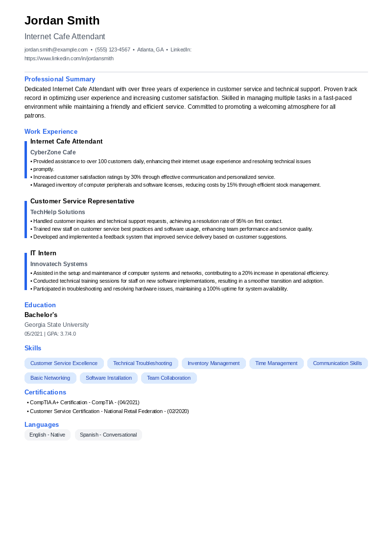 Internet Cafe Attendant Resume Example