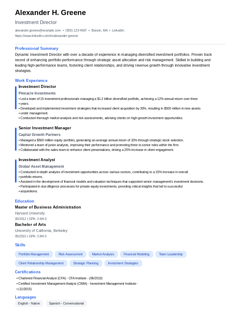 Investment Director Resume Example