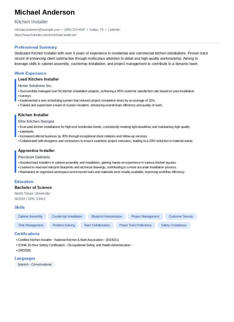 Kitchen Installer Resume Example