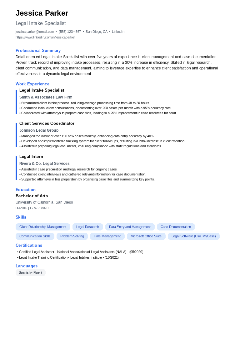 Legal Intake Specialist Resume Example