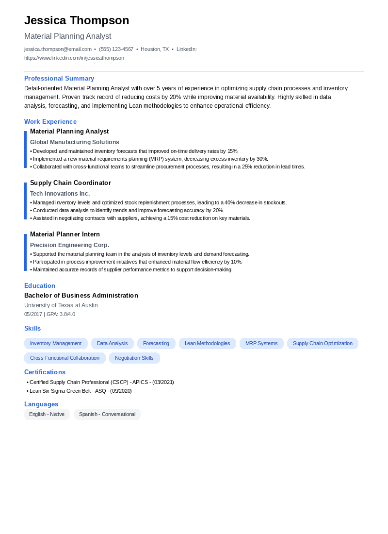 Material Planning Analyst Resume Example