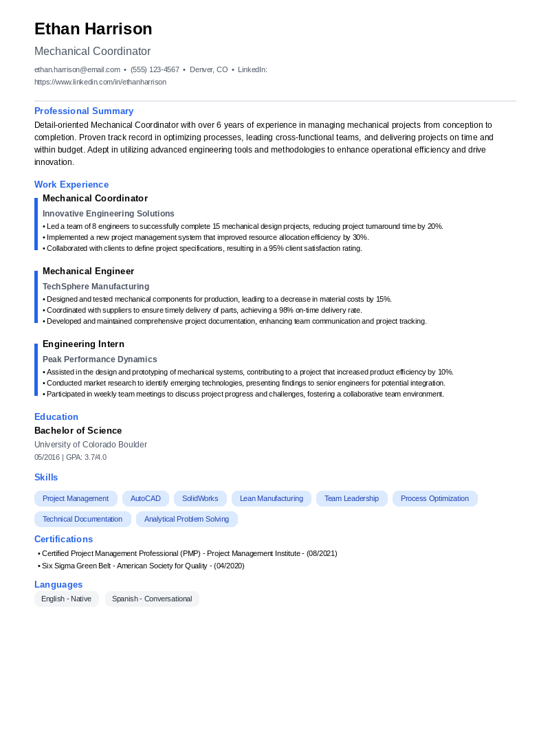 Mechanical Coordinator Resume Example