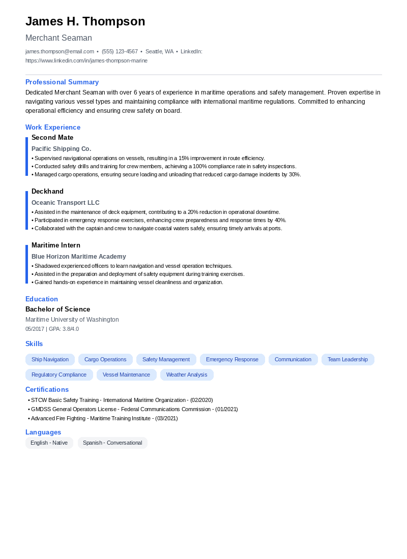 Merchant Seaman Resume Example