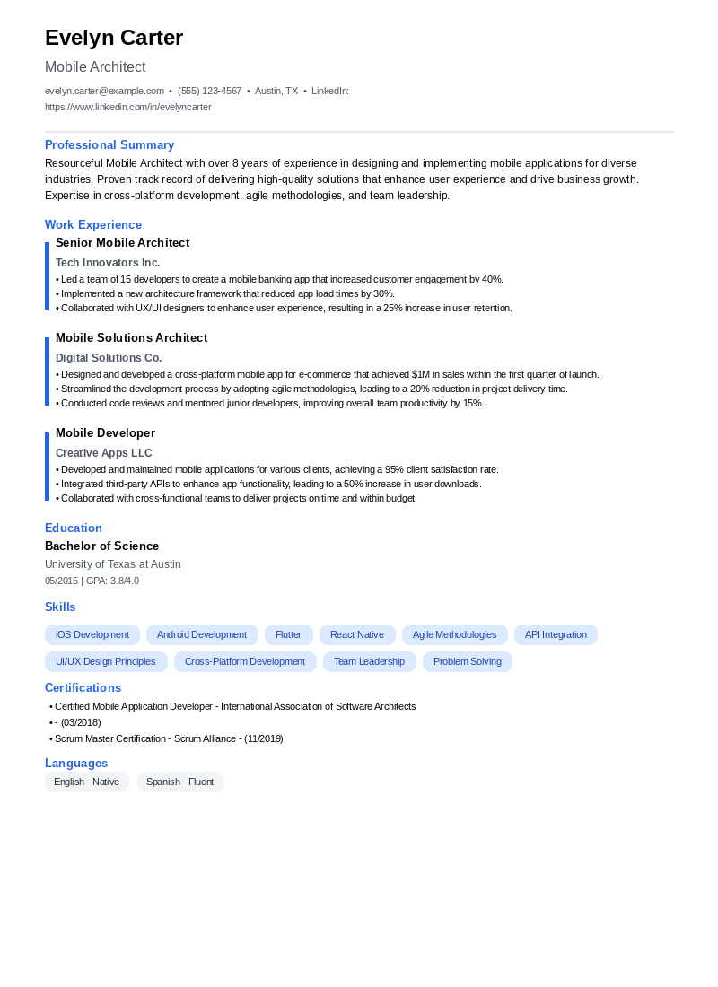 Mobile Architect Resume Example