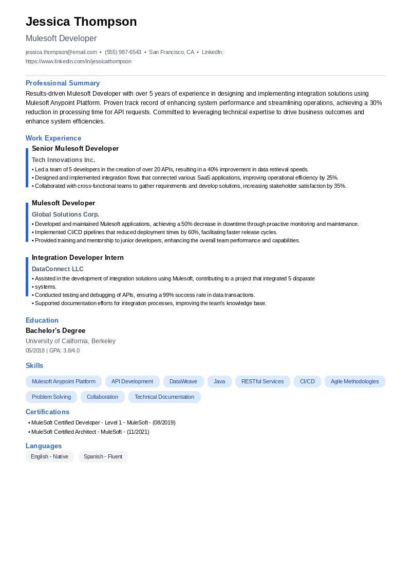 Mulesoft Developer Resume Example