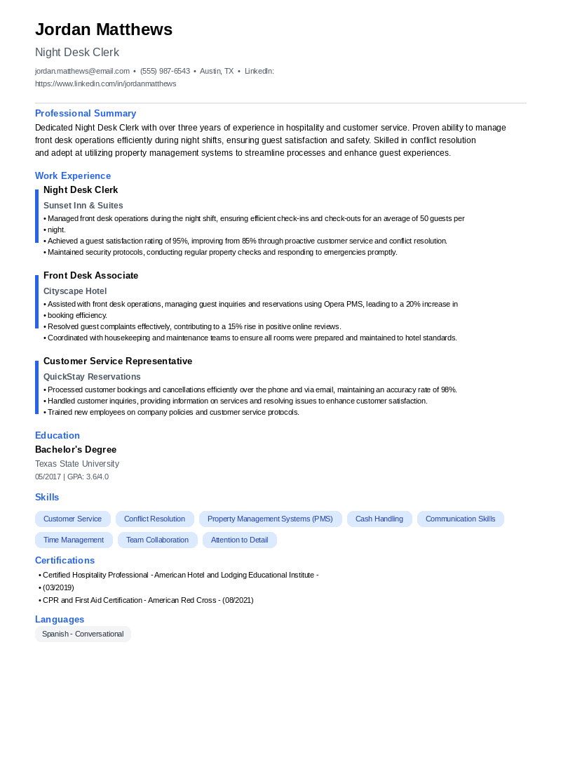 Night Desk Clerk Resume Example