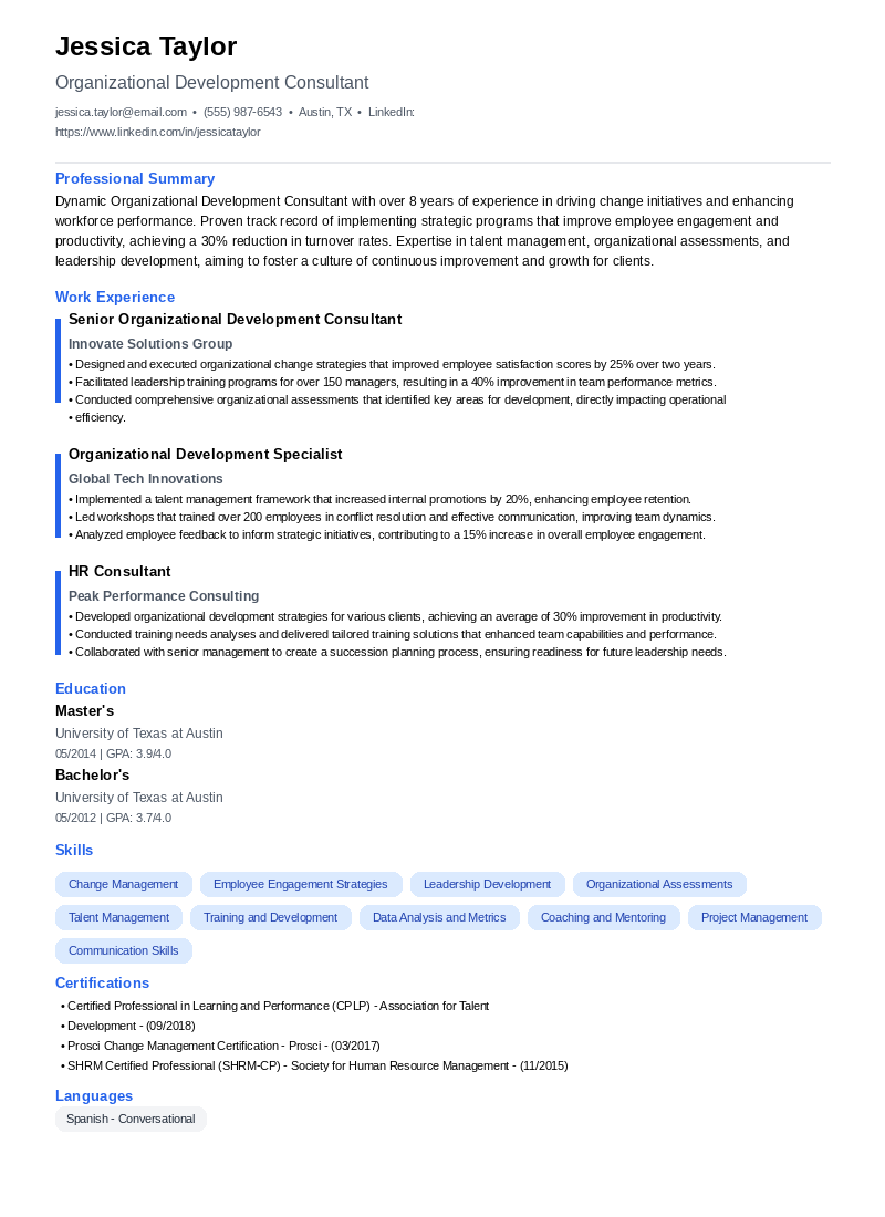 Organizational Development Consultant Resume Example